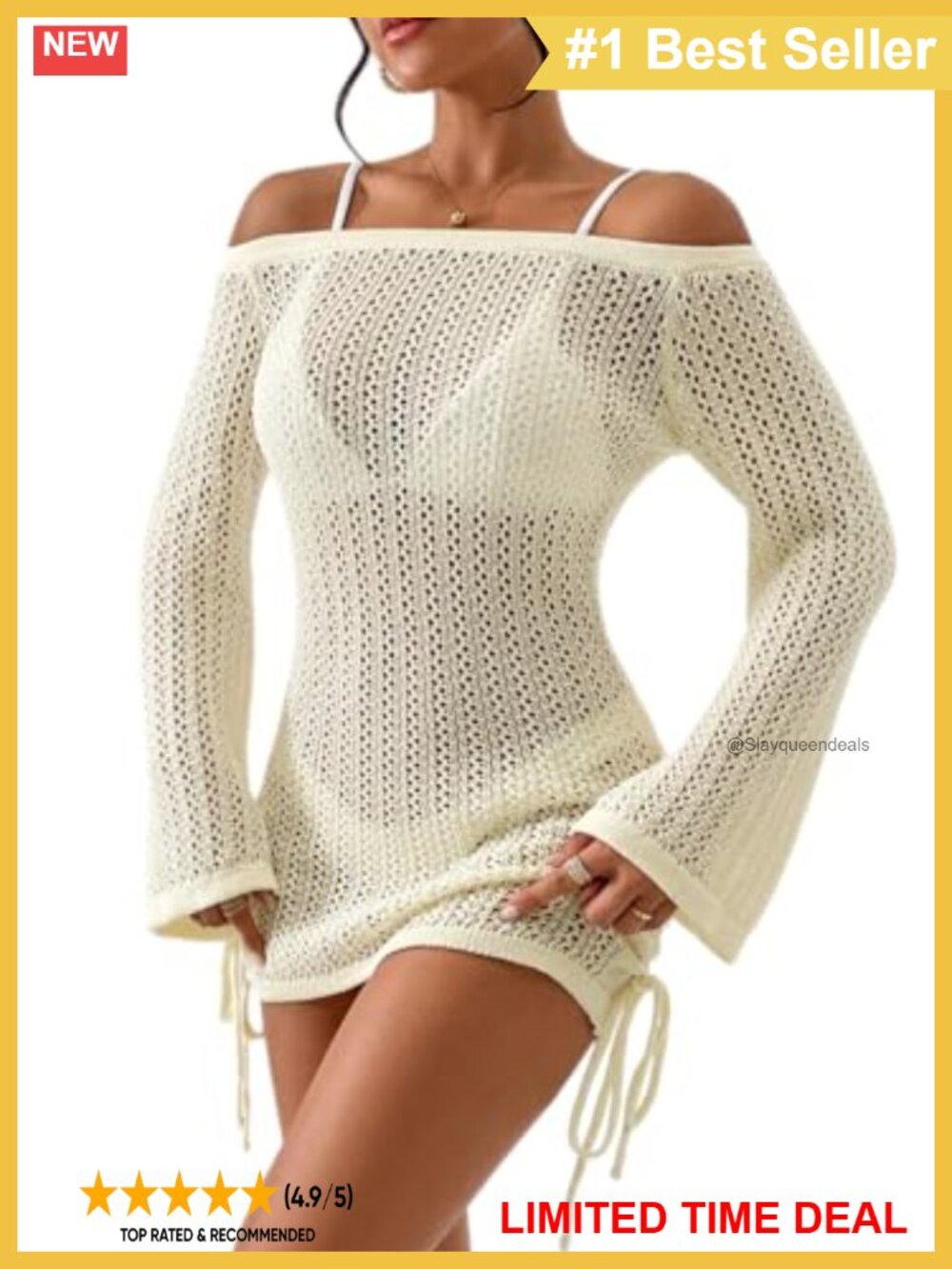 Crochet Knit Off Shoulder Swimsuit Coverup Beach Dress Drawstring
